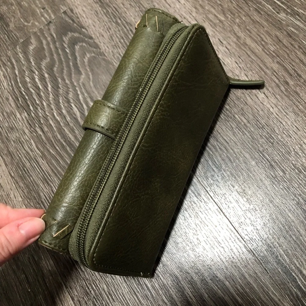 b.o.c. Born Concept OliveGreen Vegan Leather Whipstitch Trifold Organizer Wallet
